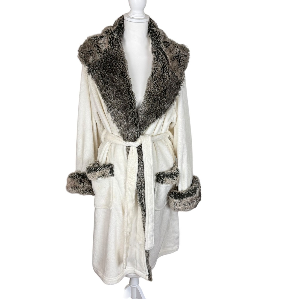 Pottery Barn‎ Ombré Faux Fur Trim Hooded Fleece Robe Womens Medium Ivory